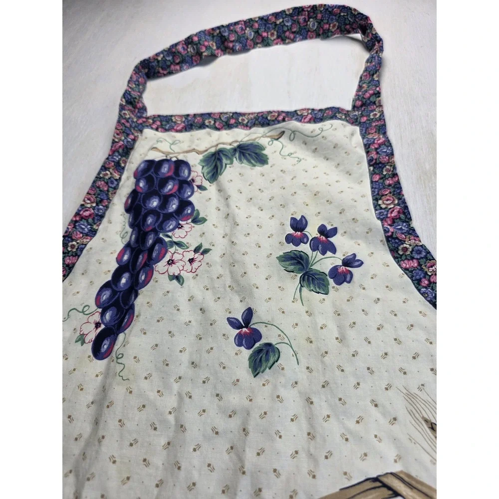 Vintage Cottagecore Bakers Best Fruit Floral Bib Apron Cream Purple Boho